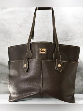 Dooney & Bourke Camden Dark Brown Saffiano Leather Tote with Contrast Stitching